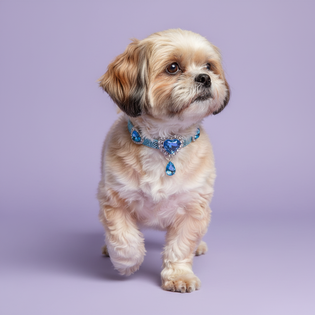 Brown-eyed gold and white Shih Tzu mid-prance with one paw raised and gazing upward wearing a light blue glitter rhinestone collar with rhinestone-framed aquamarine blue heart crystal embellishments and a dangling faceted blue teardrop pendant, luxury blue heart pendant dog collar for small breeds on solid lavender background