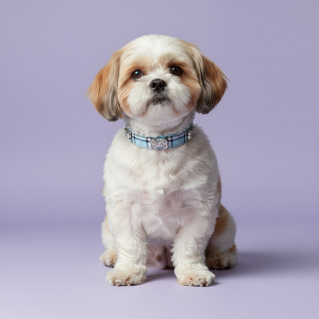 Shih Tzu sitting and facing forward wearing a blue plaid rhinestone dog collar