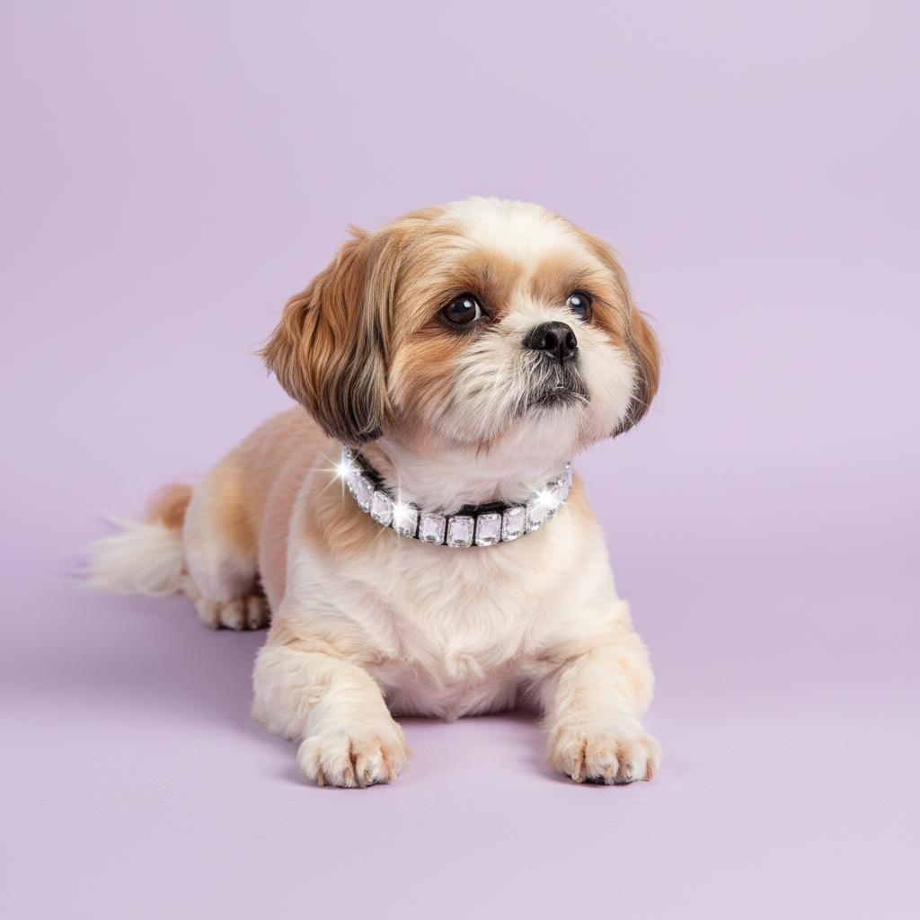 Shih Tzu lying down and wearing a clear crystal rhinestone collar against a soft lavender studio background.