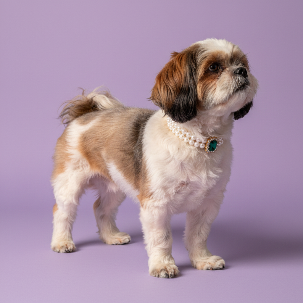 Shih Tzu standing and wearing a double pearl collar with an emerald gemstone pendant against a lavender background