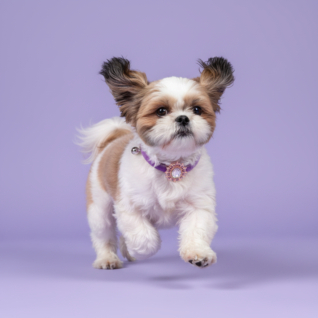 Shih Tzu running full speed toward the camera wearing a purple velvet dog collar with a clear crystal oval sunburst pendant