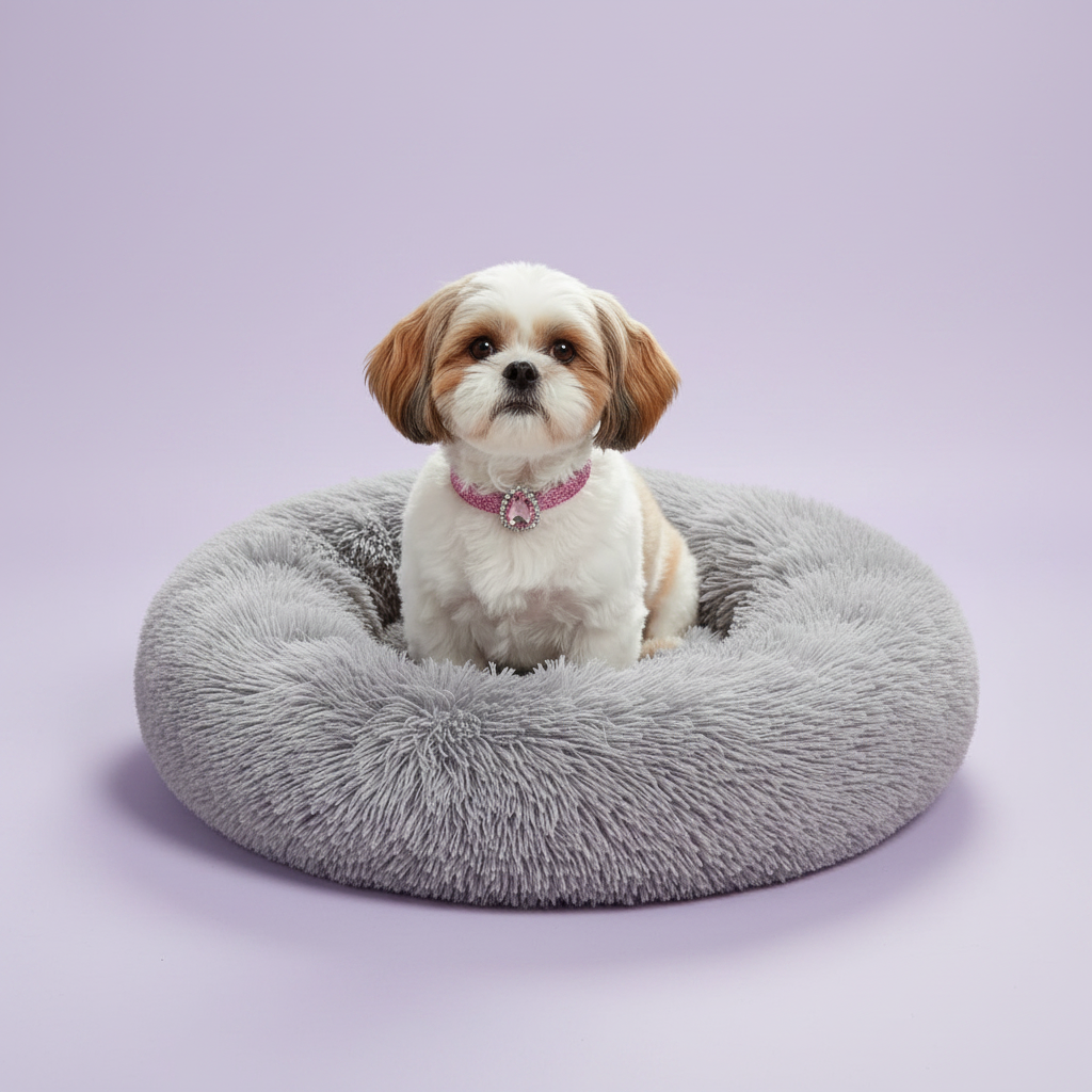 White and tan Shih Tzu wearing a pink rhinestone collar with a heart pendant sitting upright in a light grey round donut pet bed with long shaggy faux fur, set against a soft lavender background