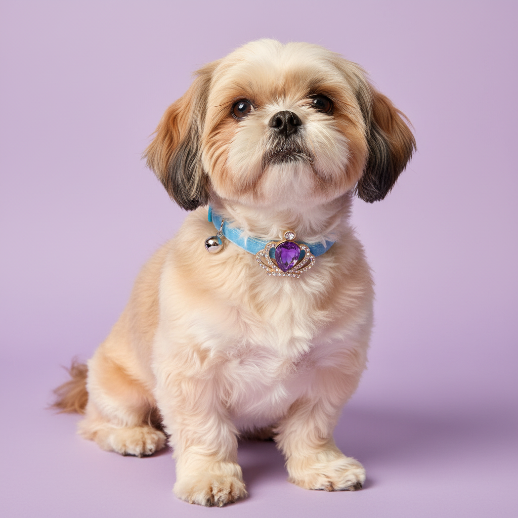 Shih Tzu wearing sky blue velvet dog collar with gold crown and purple amethyst teardrop gem pendant — luxury small dog collar