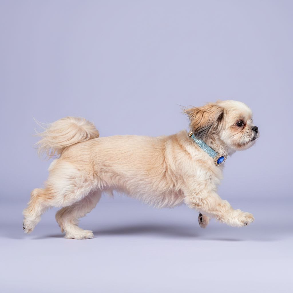Cream Shih Tzu mid-run in a full side profile wearing a light blue glitter dog collar with sapphire blue oval crystal sunburst pendant