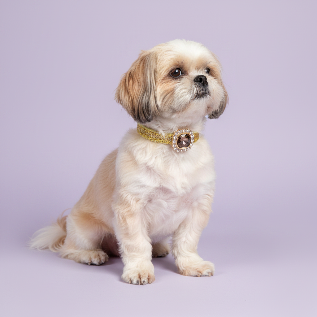 Cream Shih Tzu sitting upright and gazing to the side wearing a gold glitter rhinestone dog collar with single smoky topaz cushion-cut gem and rhinestone halo centerpiece on lavender background