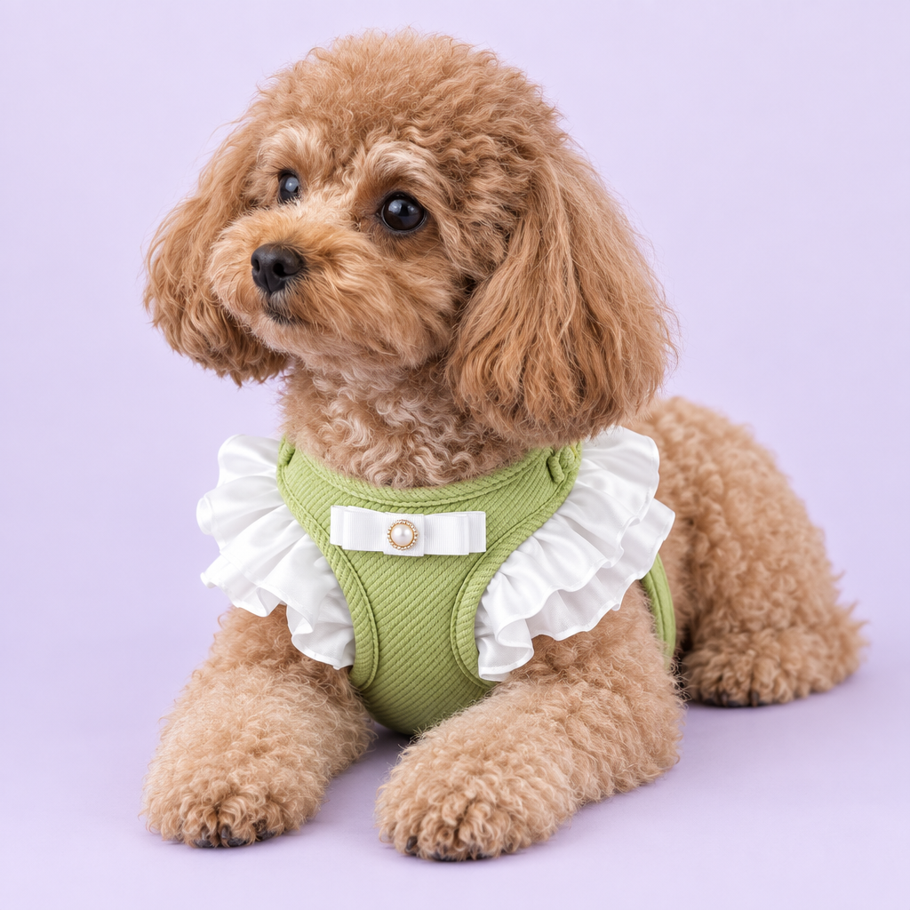 Shih Tzu in pale green ruffled harness