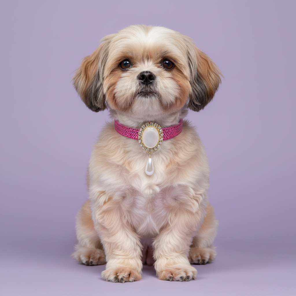 Shih Tzu sitting and facing forward wearing a hot pink glitter dog collar with a gold oval pearl and rhinestone pendant