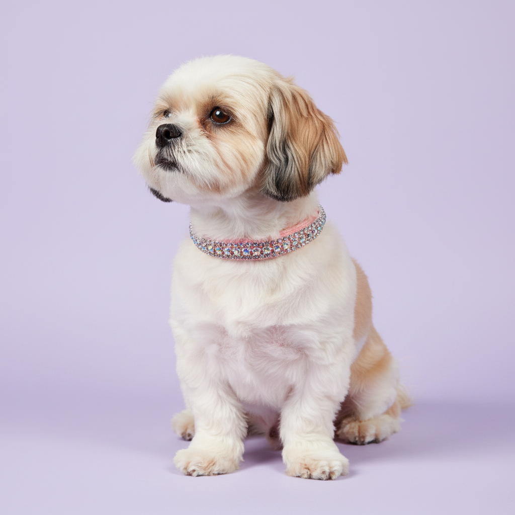 Cream Shih Tzu sitting and gazing to the side wearing a pink triple-row AB crystal rhinestone collar, luxury rhinestone small dog collar on lavender background