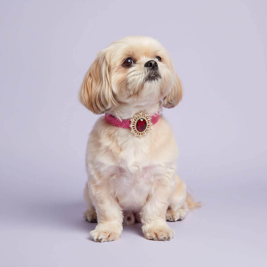 Cream Shih Tzu sitting upright and gazing upward wearing a hot pink glitter dog collar with ruby red oval crystal sunburst pendant