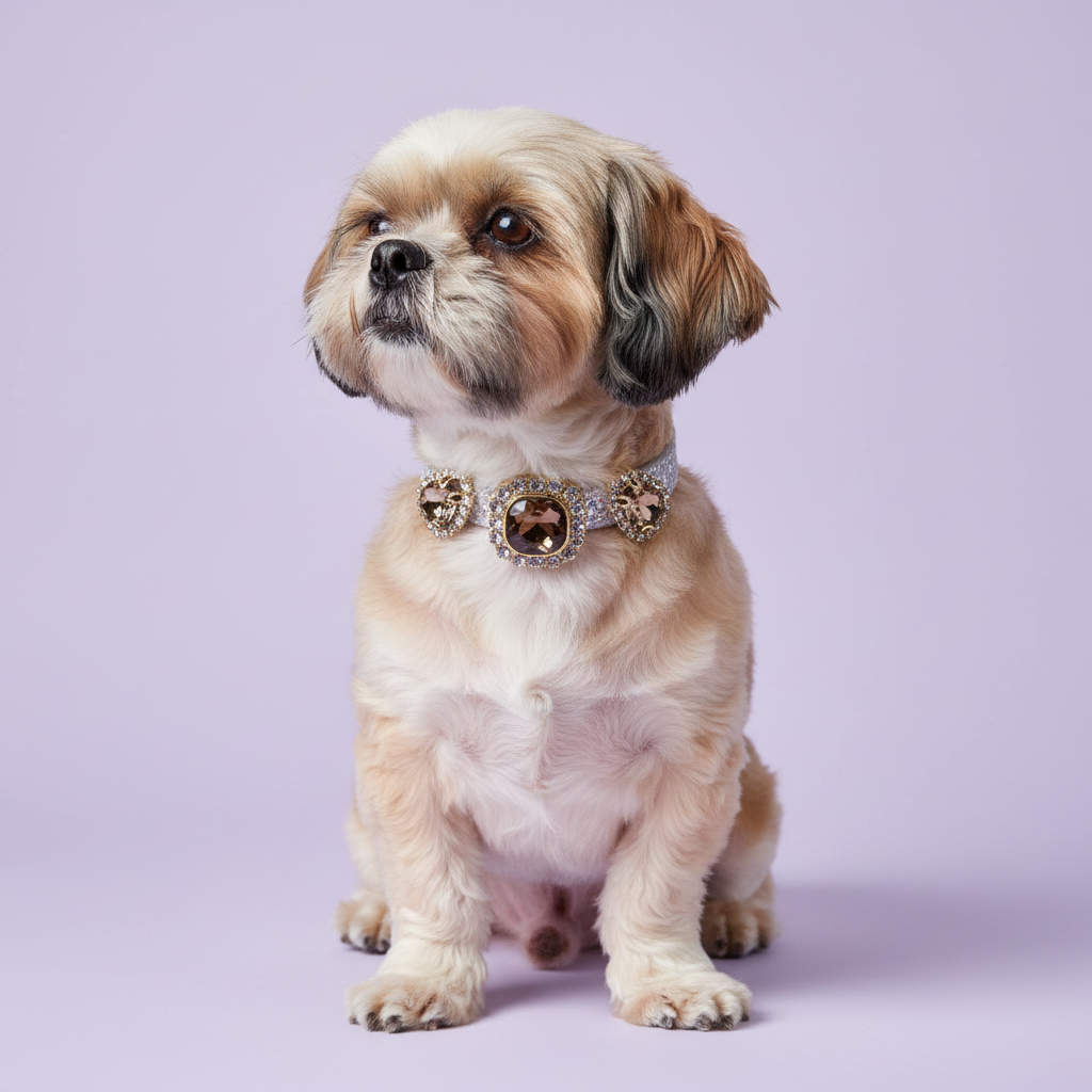Golden Shih Tzu sitting upright and gazing to the side wearing a silver rhinestone dog collar with triple smoky topaz cushion-cut gems and ornate gold filigree accents on lavender background