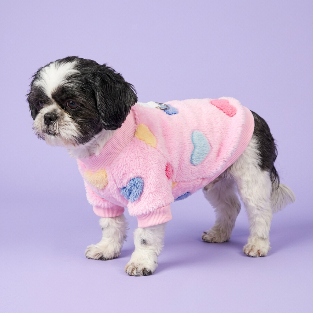 Shih Tzu in the fluffy pink heart sweater