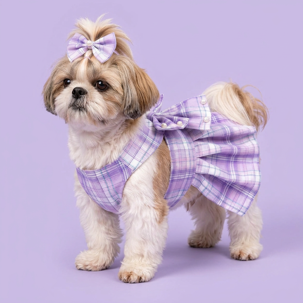 Shih Tzu in the lavender plaid dress