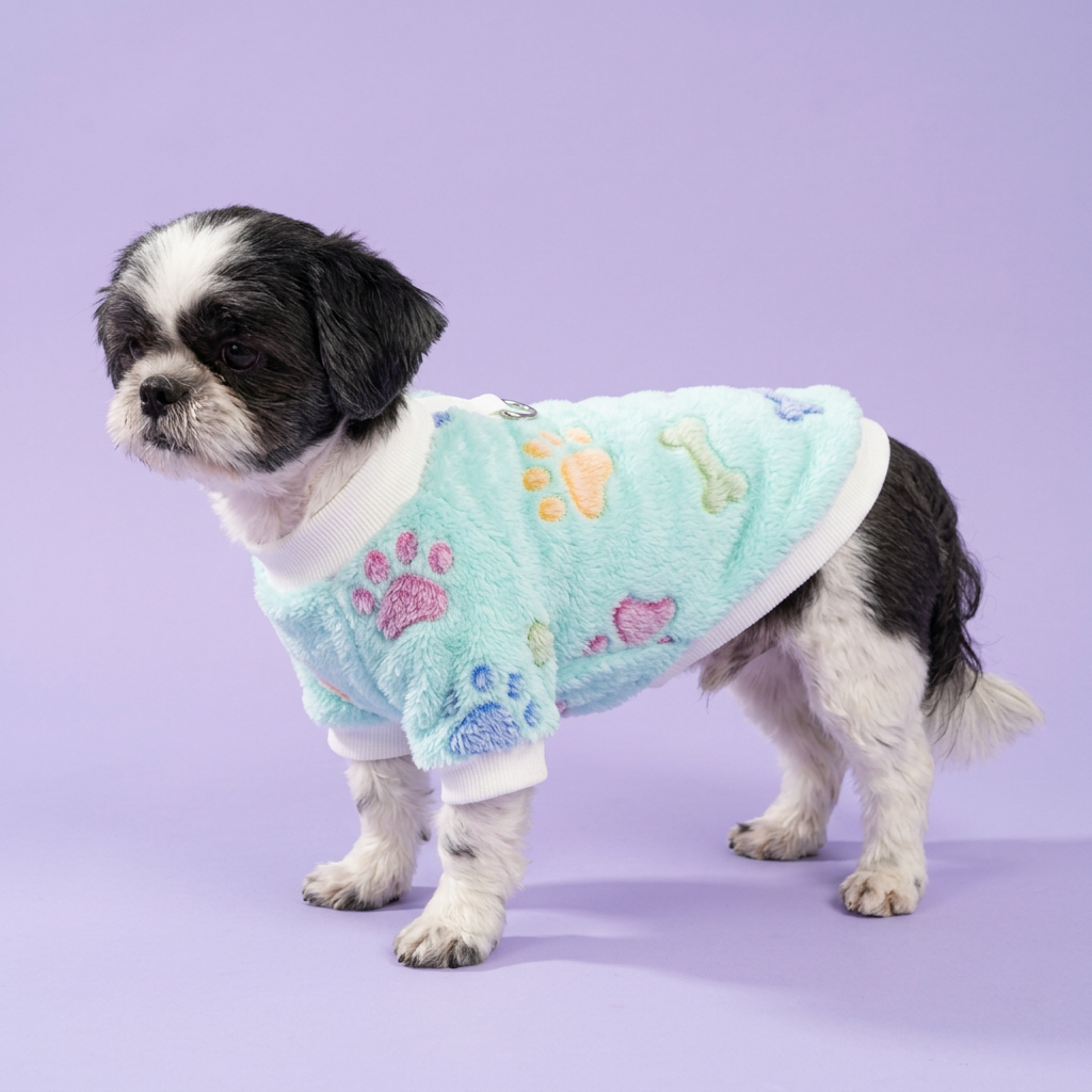 Shih Tzu in the mint paw-print sweater