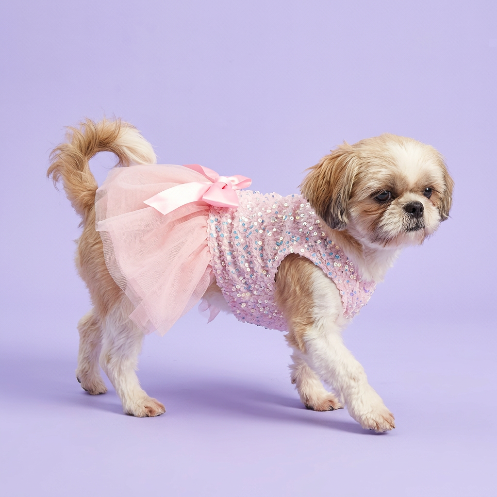 Shih Tzu in the pale blush skirt dress