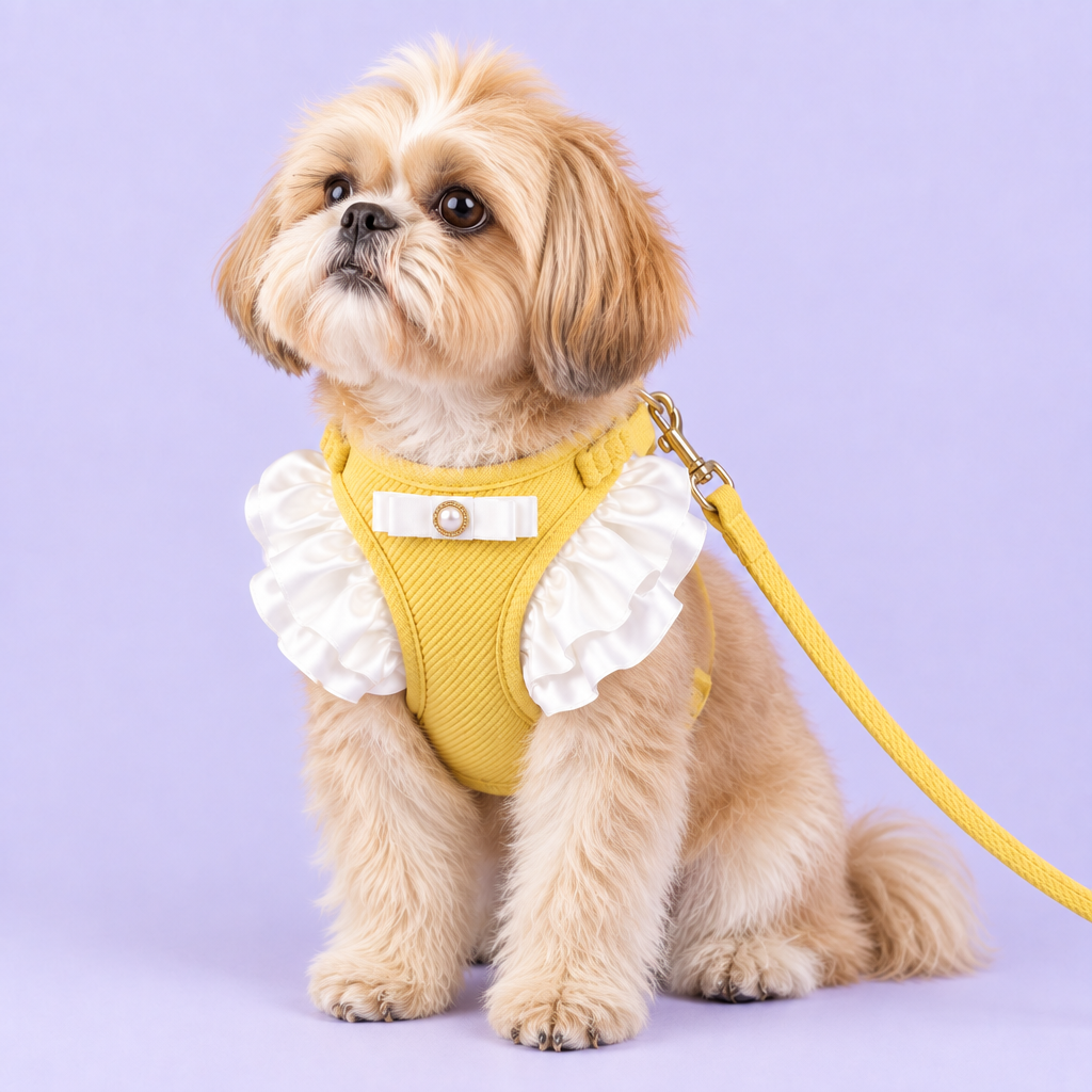Shih Tzu in yellow harness with front flounces
