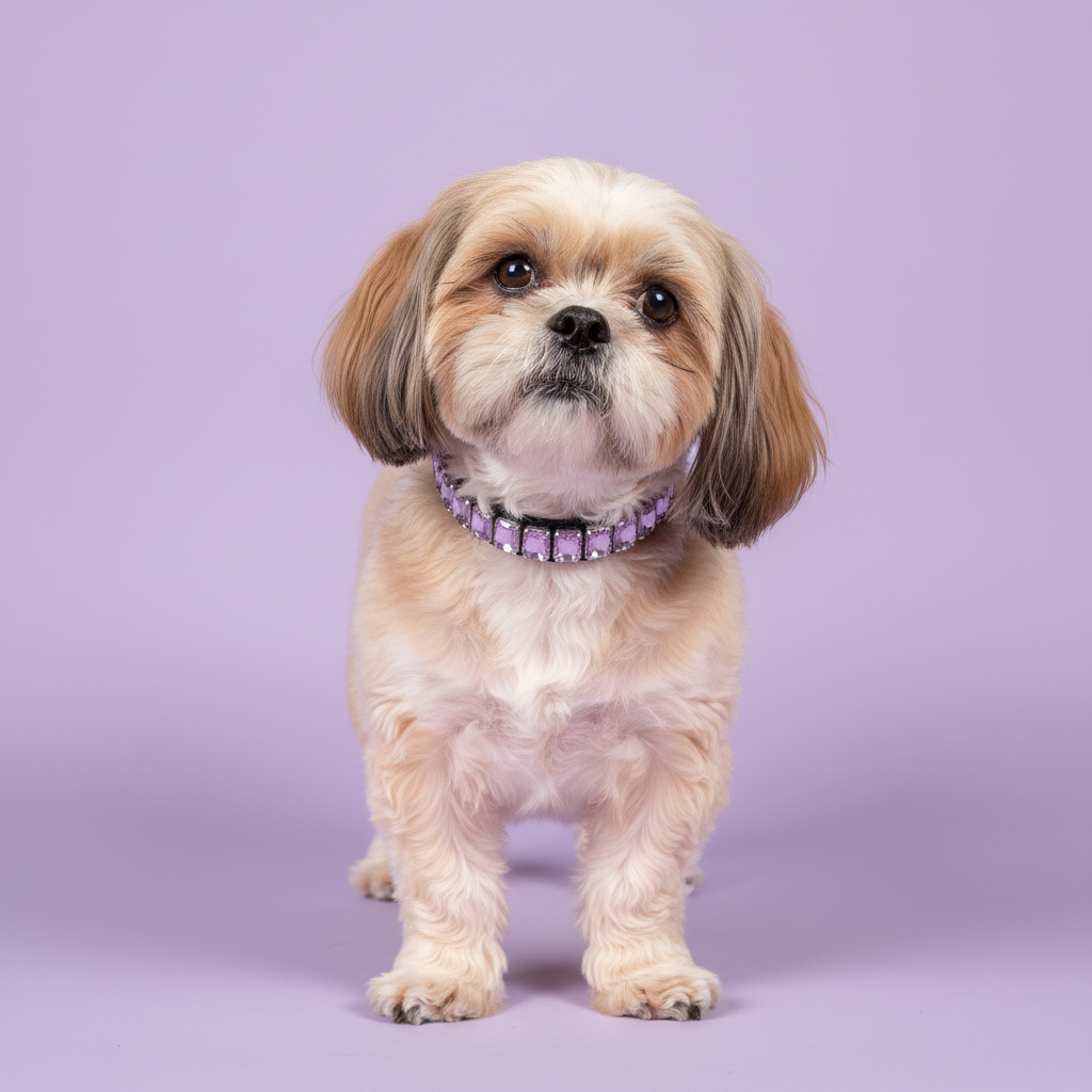 Shih Tzu standing and wearing a lavender crystal rhinestone collar against a soft lavender studio background.