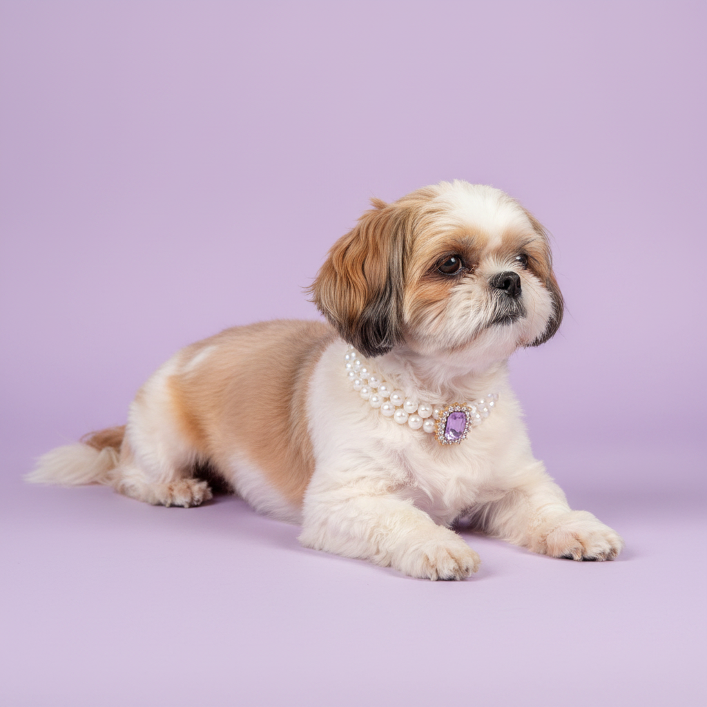 Shih Tzu lying down and looking to the side wearing luxury double-strand pearl dog collar with lavender amethyst crystal centerpiece on lavender background