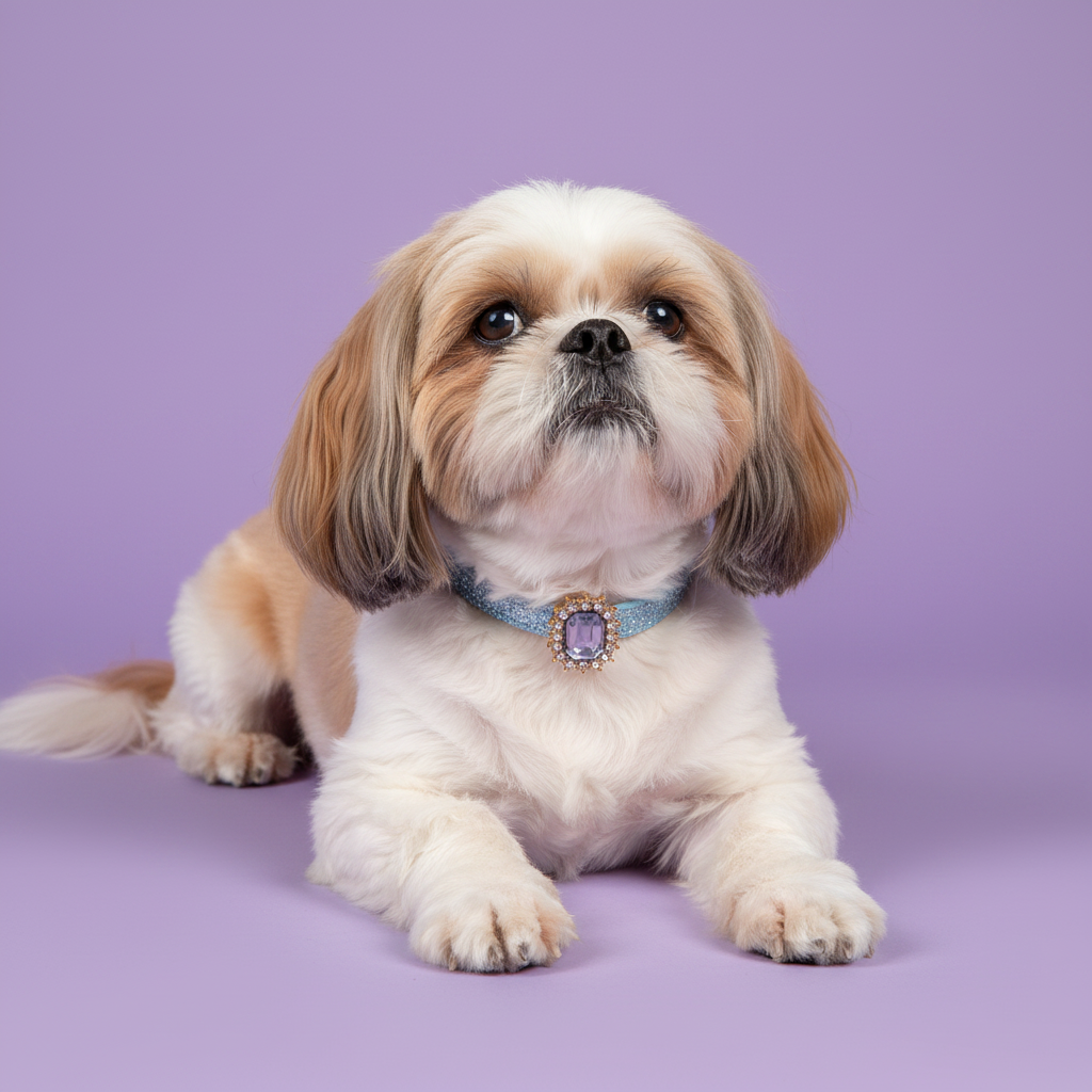 Shih Tzu lounging with paws extended wearing a blue sapphire crystal rhinestone dog collar