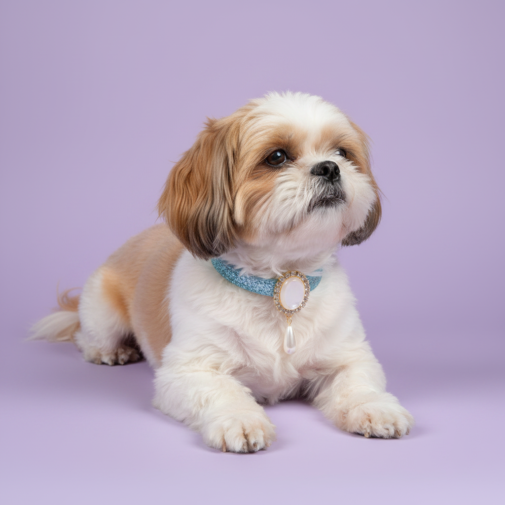 Shih Tzu lounging with paws extended and gazing upward wearing a light blue glitter dog collar with a gold oval pearl and rhinestone pendant