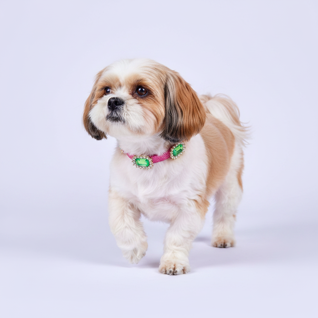 Dark-eyed gold and white Shih Tzu mid-prance in a three-quarter view with one paw raised and gazing upward wearing a magenta pink rhinestone collar with multiple rhinestone-framed emerald green rectangular crystal embellishments, luxury sparkle emerald gem dog collar for small breeds on solid lavender background
