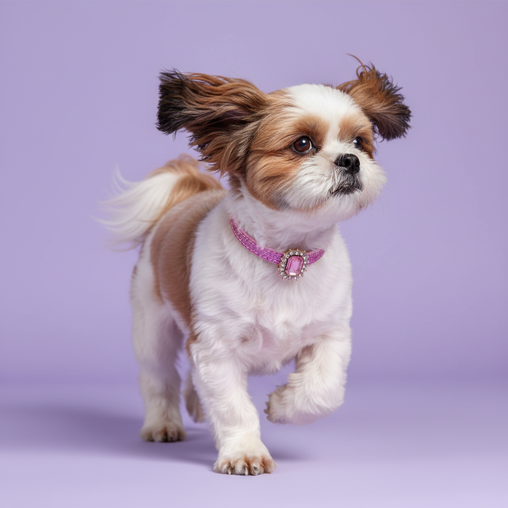 Shih Tzu mid-prance wearing a pink crystal rhinestone dog collar
