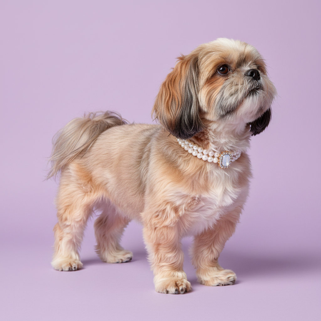 Shih Tzu standing and wearing a double pearl collar with a moonstone pendant against a lavender background