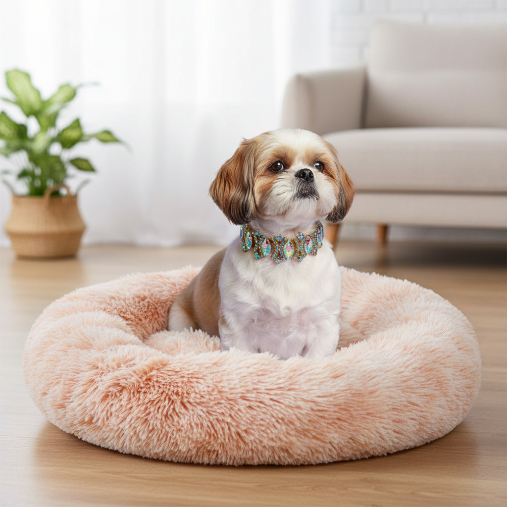 Shih Tzu wearing a colorful crystal rhinestone collar sitting in a round blush peach shaggy faux fur donut calming pet bed in a bright modern living room