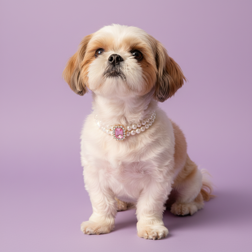 Shih Tzu seated and looking up wearing luxury double-strand pearl dog collar with pink crystal centerpiece on lavender background