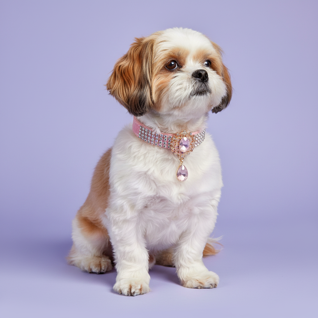 Brown-eyed gold and white Shih Tzu sitting tall and gazing upward wearing a pink velvet rhinestone collar with an ornate gold Victorian centerpiece featuring an oval blush rose quartz crystal and a dangling teardrop pink crystal pendant, luxury Victorian crystal dog collar for small breeds on solid lavender background