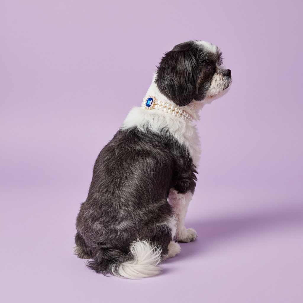 Black and white Shih Tzu in profile wearing a pearl collar with a blue gemstone pendant against a lavender background