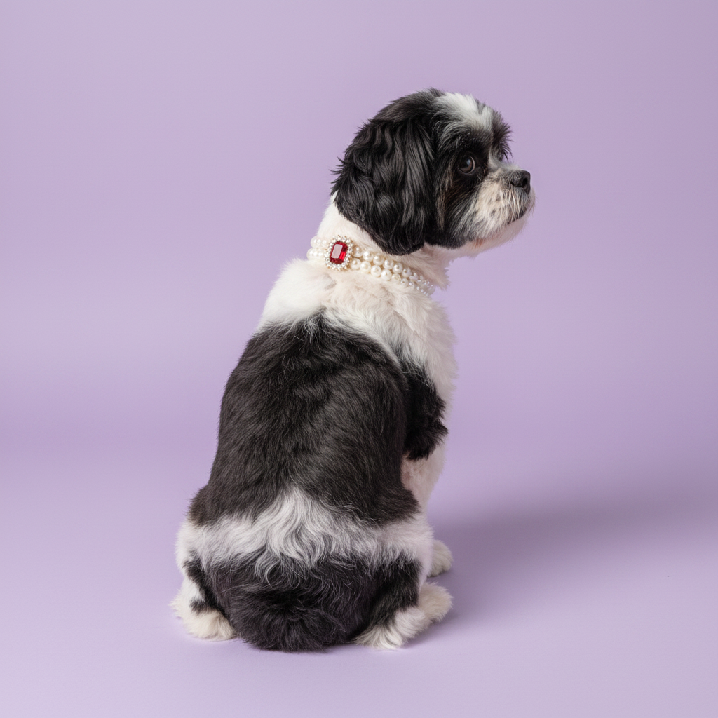 Black and white Shih Tzu sitting in profile and looking to the side while wearing a double pearl collar with a red gemstone pendant against a lavender background