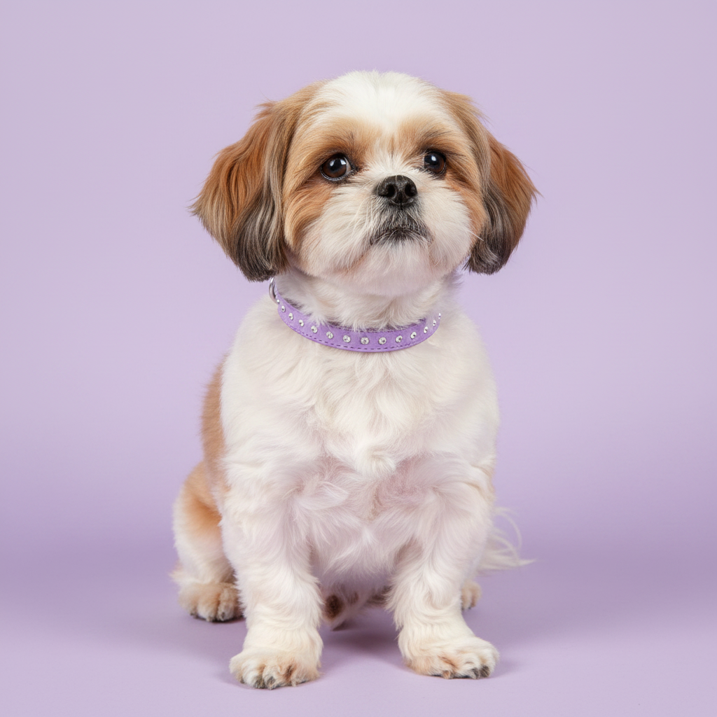 Shih Tzu dog wearing a lavender purple rhinestone crystal leather dog collar, seated full body studio portrait on lavender background