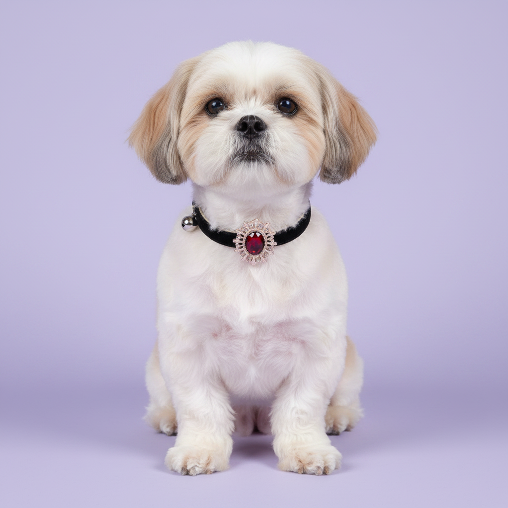 Shih Tzu sitting upright facing straight ahead wearing a black velvet dog collar with a ruby red oval crystal sunburst pendant