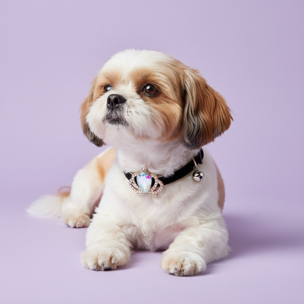 Shih Tzu lying down and gazing upward wearing a black velvet dog collar with a silver crown and iridescent aurora crystal pendant