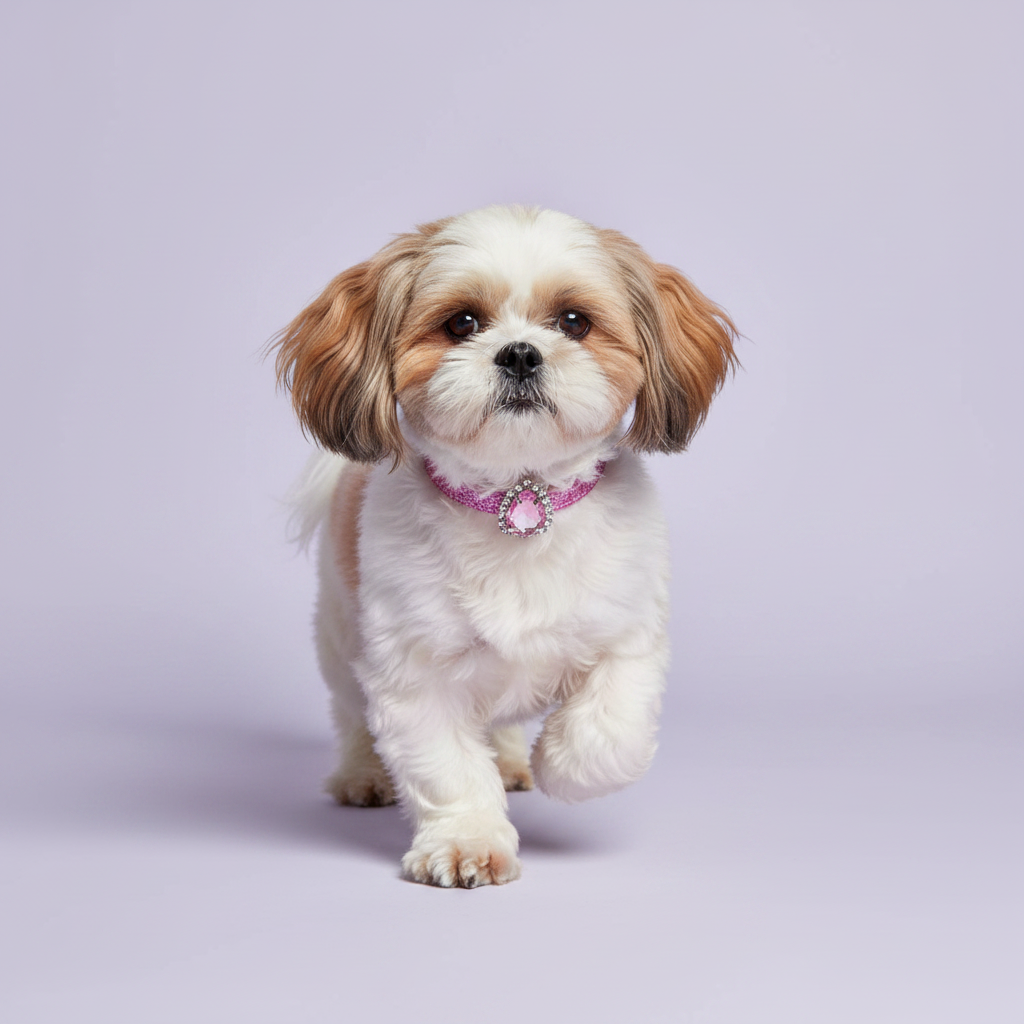 Gold and white Shih Tzu running toward camera with one paw raised wearing a pink glitter rhinestone collar with oval pink crystal pendant, luxury bling dog collar for small breeds on lavender background