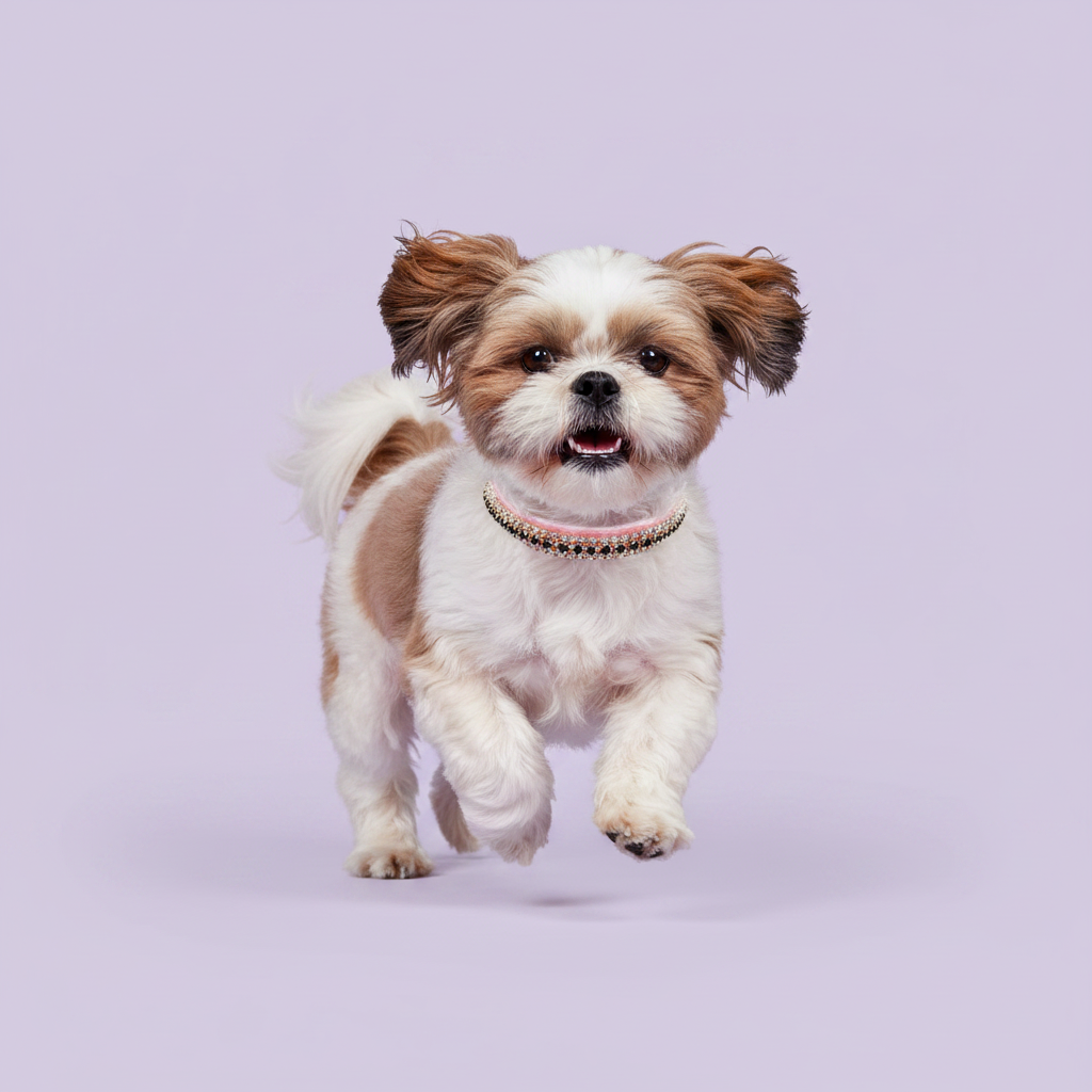 Gold and white Shih Tzu running toward camera with ears flying wearing a pink velvet double-row black and clear crystal rhinestone collar, luxury rhinestone small dog collar on lavender background