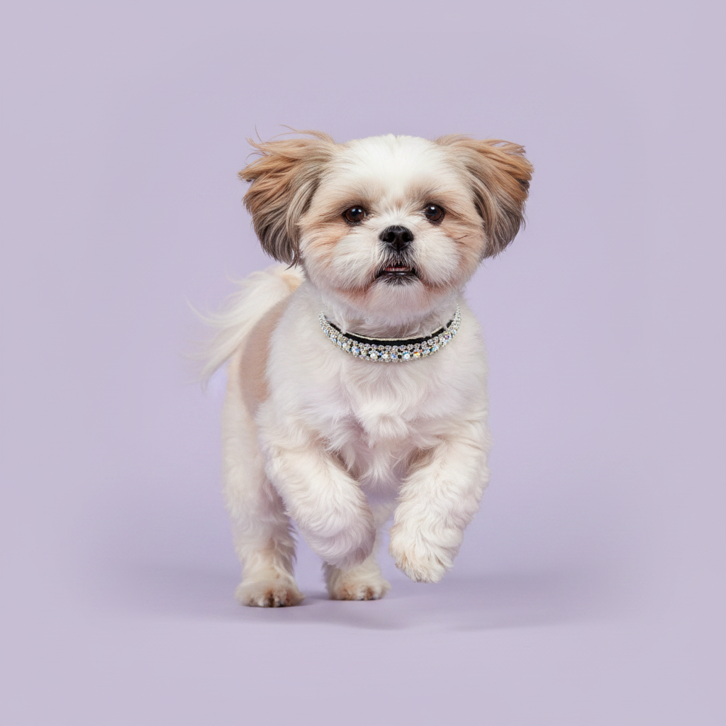 White and gold Shih Tzu running toward camera with ears flying wearing a black velvet triple-row AB iridescent crystal rhinestone collar, luxury rhinestone small dog collar on lavender background