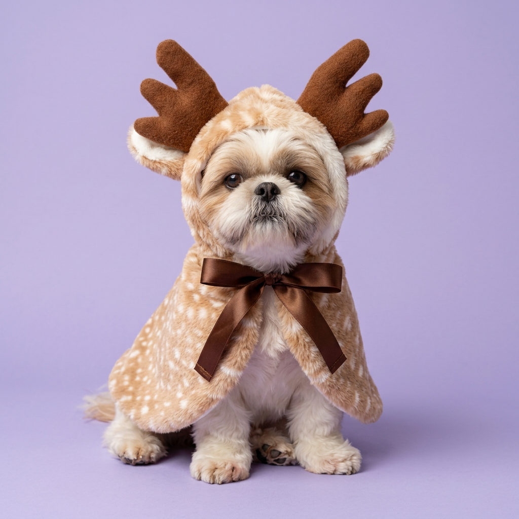 Shih Tzu seated with the reindeer hood up