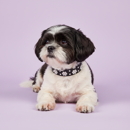 Shih Tzu wearing a sparkling jeweled dog collar against a soft lavender studio background