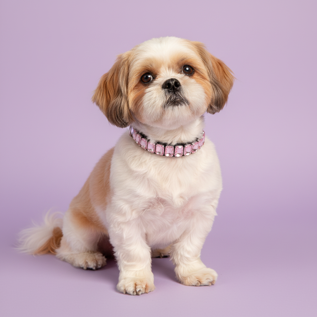 White and tan Shih Tzu sitting and wearing a pink crystal rhinestone collar against a soft lavender studio background.