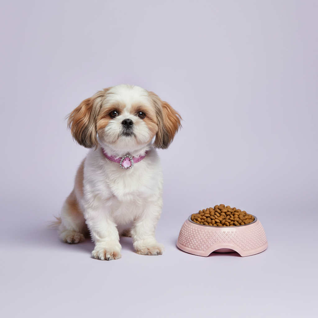 Shih Tzu wearing a pink crystal rhinestone dog collar sitting next to a blush pink heart embossed pet bowl filled with dry kibble, lavender background
