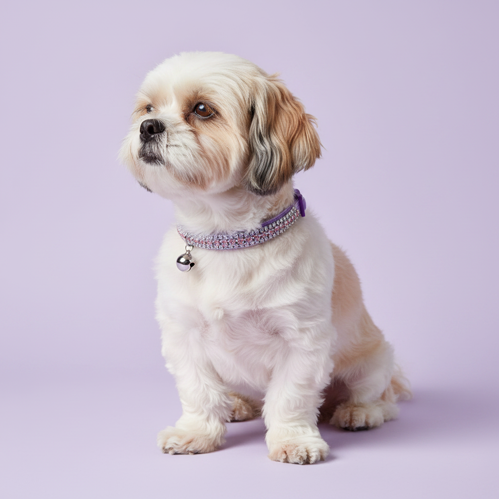 Cream and gold Shih Tzu sitting in three-quarter view and gazing upward wearing a lavender velvet double-row lavender crystal rhinestone collar with silver bell, luxury rhinestone small dog collar on lavender background