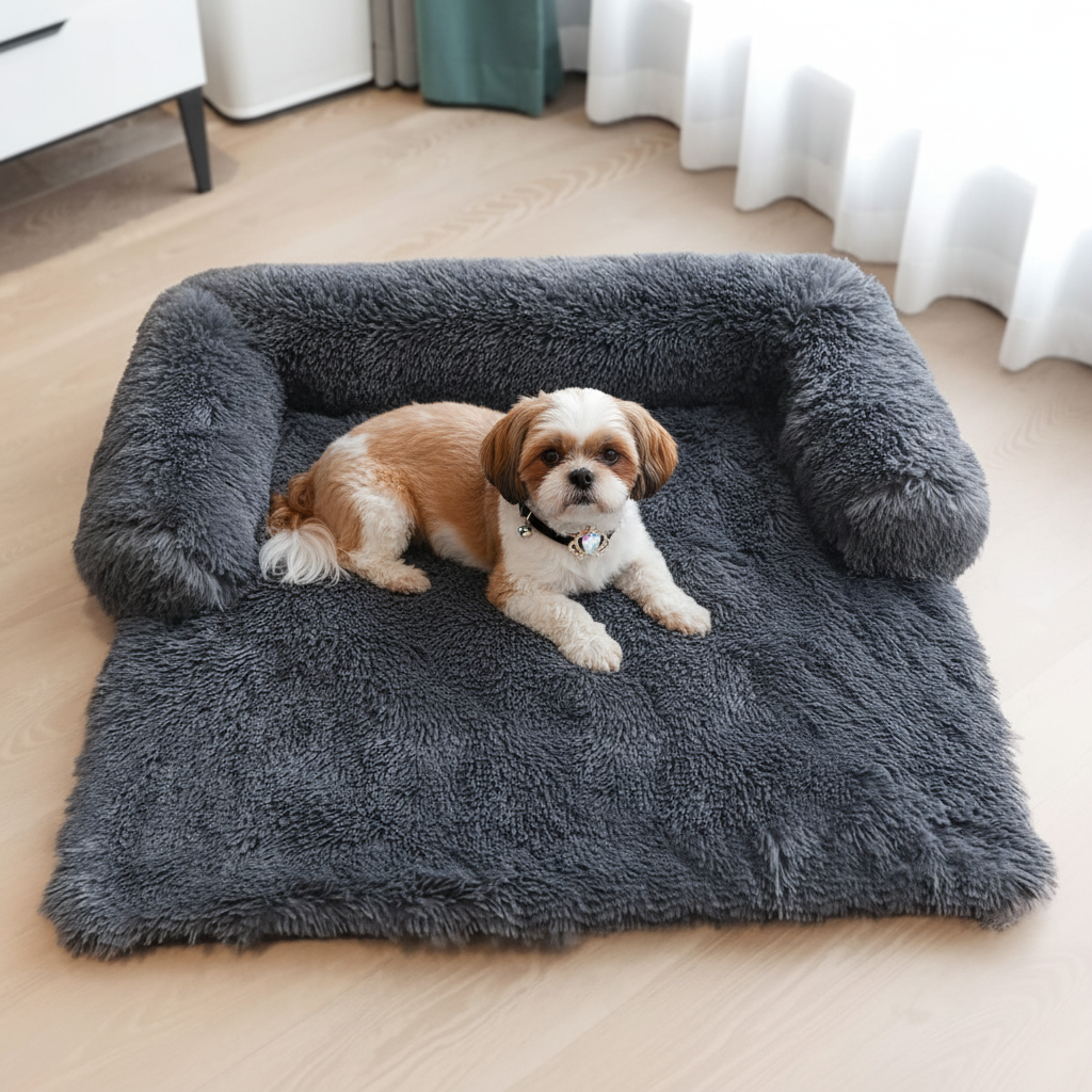 Shih Tzu wearing a silver charm collar lying on an oversized dark charcoal grey long shaggy faux fur floor mat with raised bolster back and sides, placed on light oak hardwood floors in a modern minimal living space
