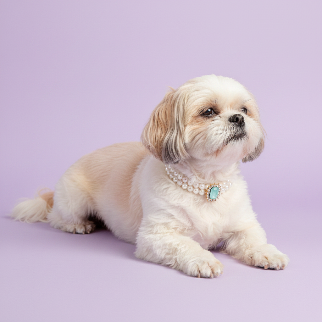 Shih Tzu lying down wearing a pearl collar with a teal gemstone pendant against a lavender background