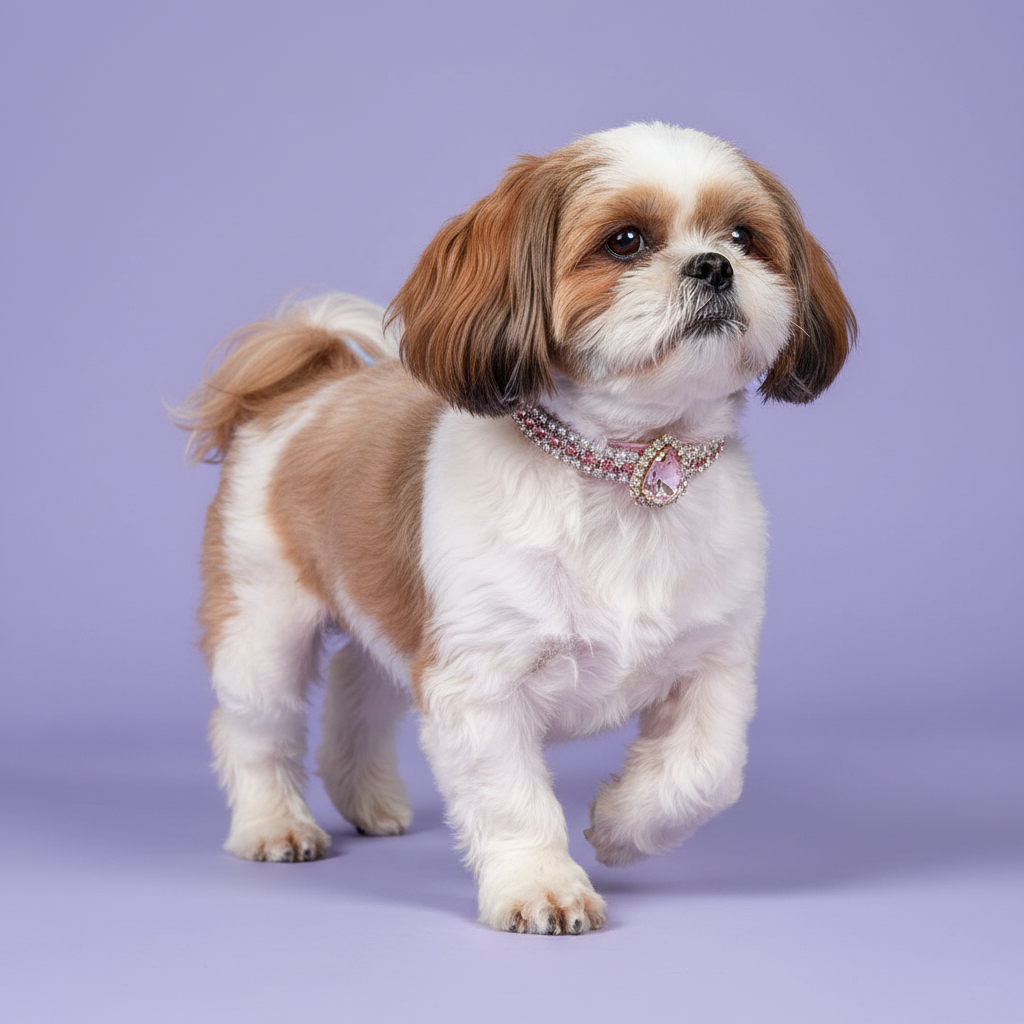 Gold and white Shih Tzu trotting in three-quarter view with one paw raised wearing a pink AB iridescent rhinestone collar with oval pink amethyst crystal pendant, luxury gemstone dog collar for small breeds on lavender background
