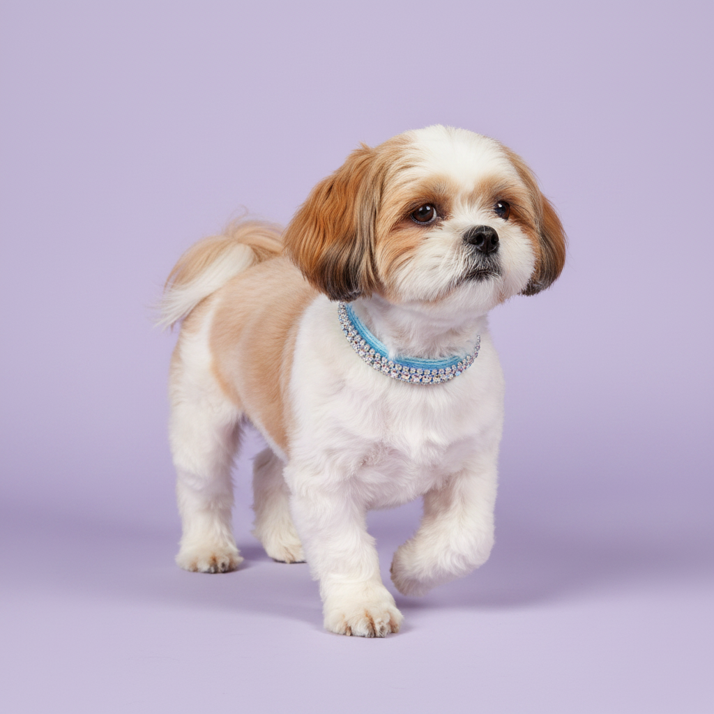 Gold and white Shih Tzu trotting in three-quarter view with one paw raised and gazing at camera wearing a blue velvet double-row clear crystal rhinestone collar, luxury rhinestone small dog collar on lavender background