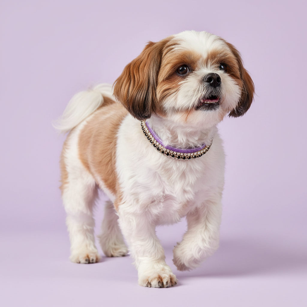 Gold and white Shih Tzu trotting in three-quarter view with mouth open wearing a lavender velvet double-row champagne gold crystal rhinestone collar, luxury rhinestone small dog collar on lavender background