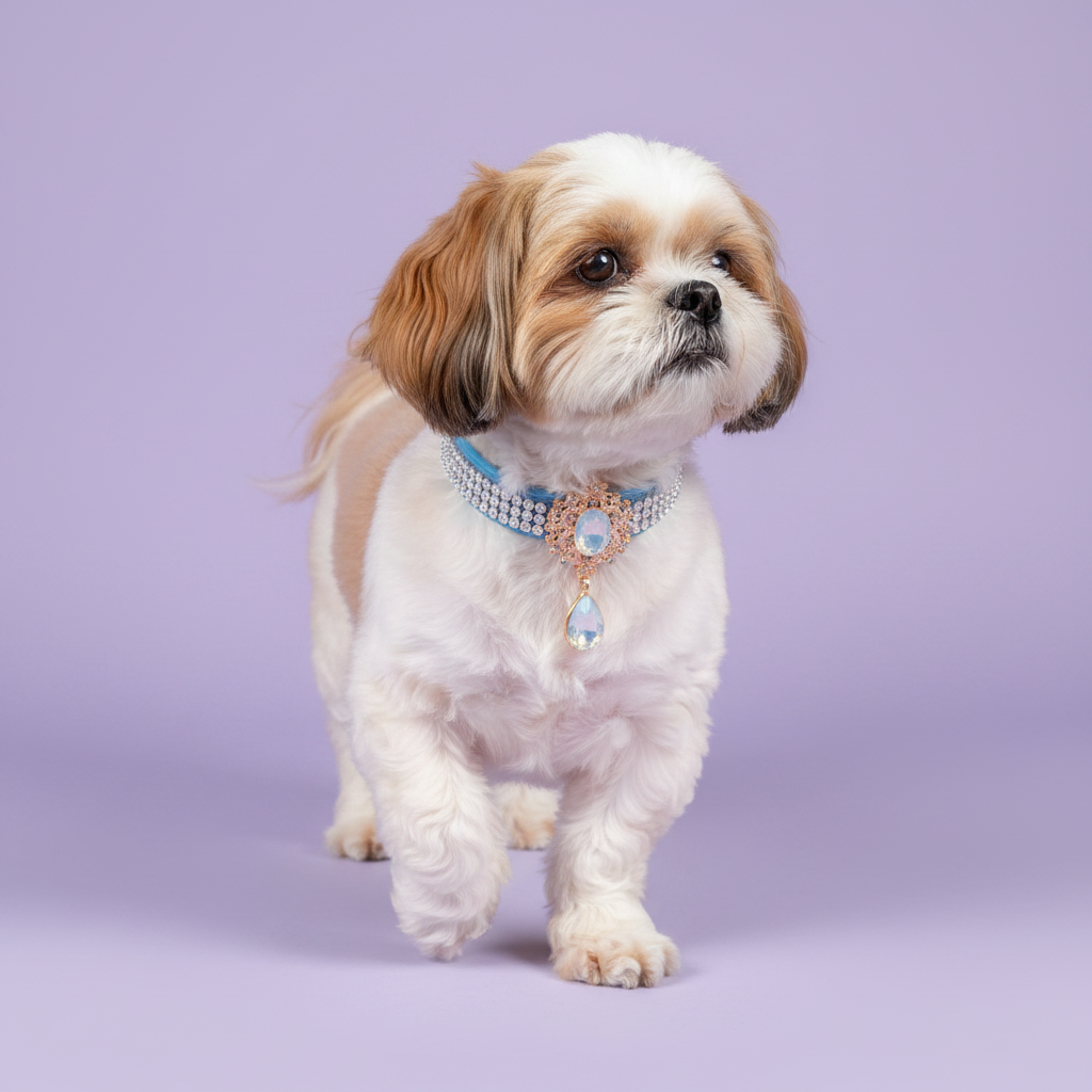 Brown-eyed gold and white Shih Tzu walking toward camera with one front paw raised wearing a light blue rhinestone collar with an ornate rose gold Victorian centerpiece featuring an oval iridescent opal crystal and a dangling teardrop opal pendant, luxury Victorian opal crystal dog collar for small breeds on solid lavender background