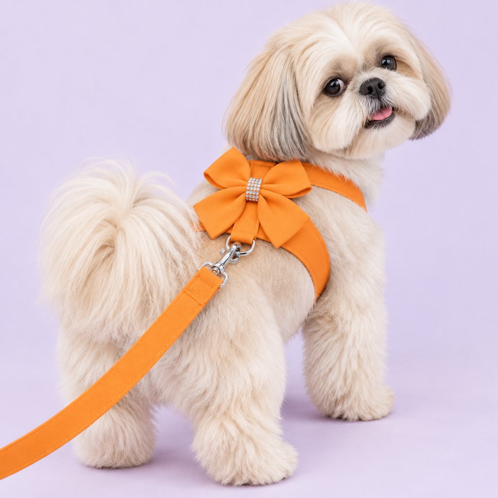 Shih Tzu wearing orange bow harness with leash
