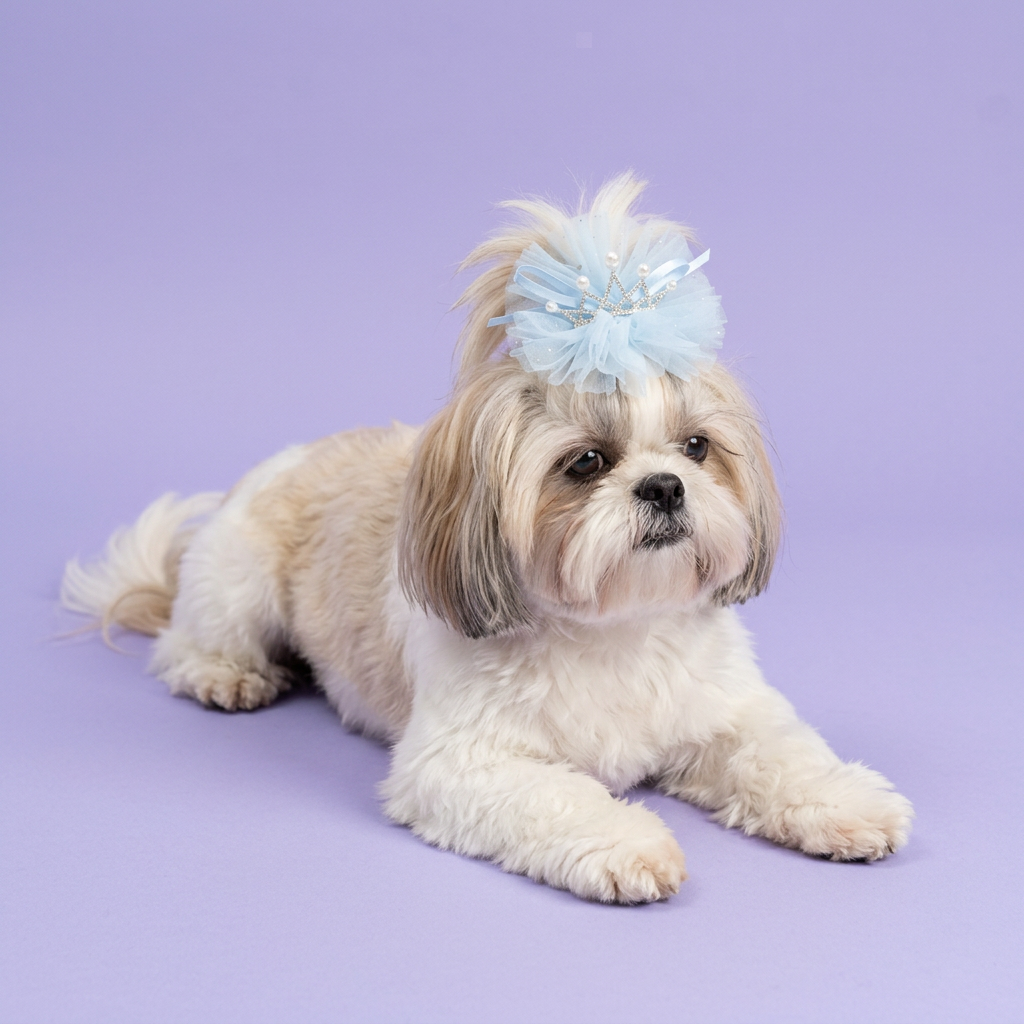 Shih Tzu wearing the baby-blue tulle crown clip